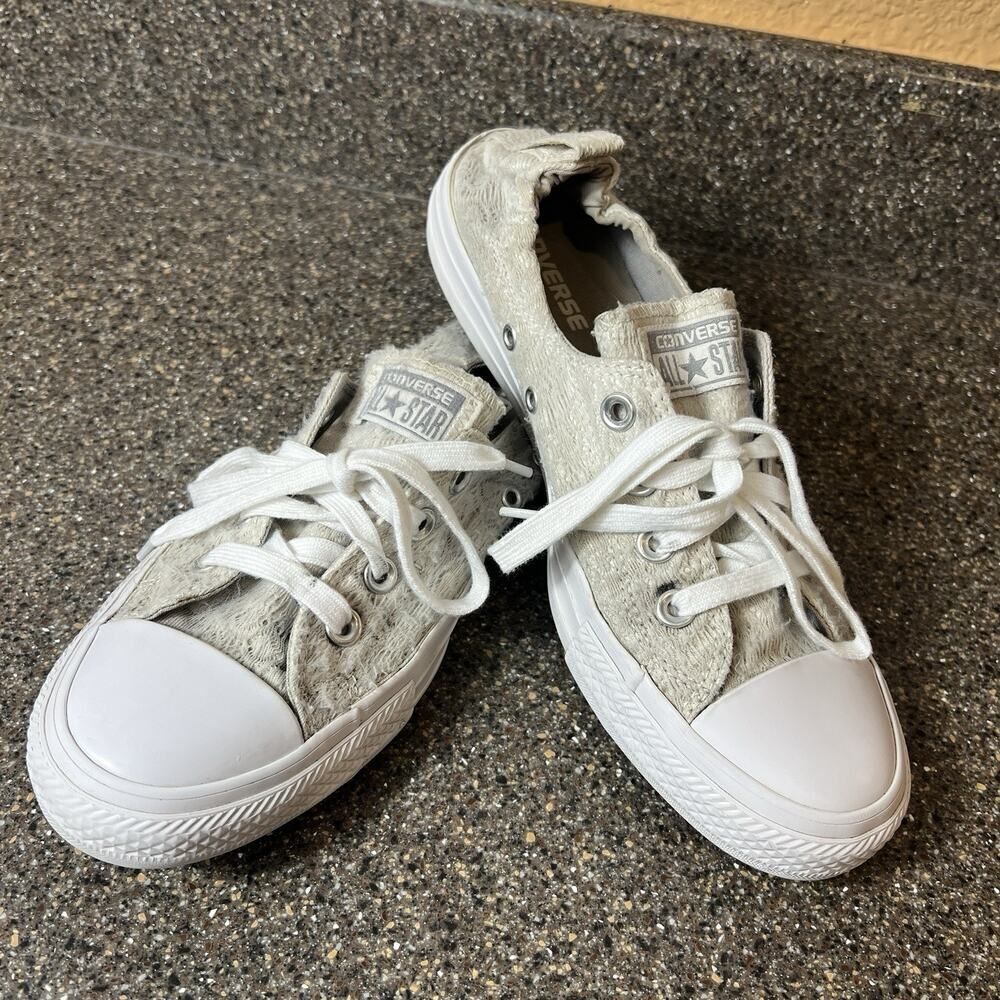 Converse All Star Slip On Light Gray Lace Canvas Shoes Womens Sz 9 Stretch Back